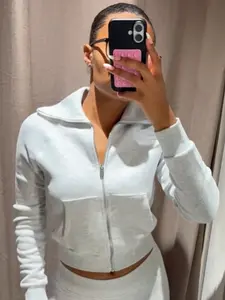 Cropped Fleece Jacket Women's Jacket Demi-Season 2026 Casual Gray Black Brown Outerwears Zipper Jacket Zip Up Pockets Long Sleeve Tops Comfort & Sleek Design Sweatshirt