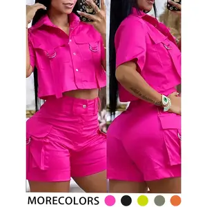 Two-piece Set Women's Solid Button Front Fitted Crop Top & Shorts Set, Casual Short Sleeve Collared Top & Shorts for Summer, Ladies Clothes for Daily Wear, Cute Summer Outfit