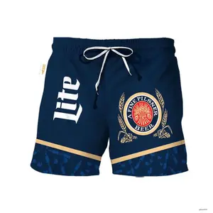Miller Lite Bottle Pattern Swim Trunks, Beach Short Hawaiian, Tropical Drip Hawaiian Swim Trunks – Quick Dry Summer Shorts