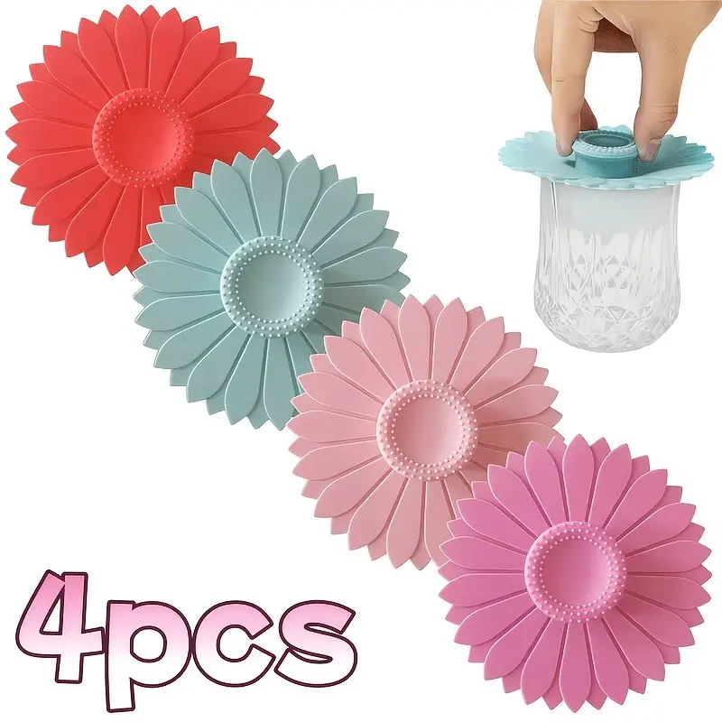 Sunflower Silicone Cup Coasters Set (4 Pieces), Reusable Insulated Lid, Bug-Proof Coffee Mug Covers, Healthy Dining Tool, Halloween Christmas Gift