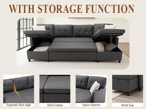 Sleeper Sofa Couch, Oversized Pull Out Couch Bed with Storage Chaise, Sectional Sleeper Sofa Bed for Living Room