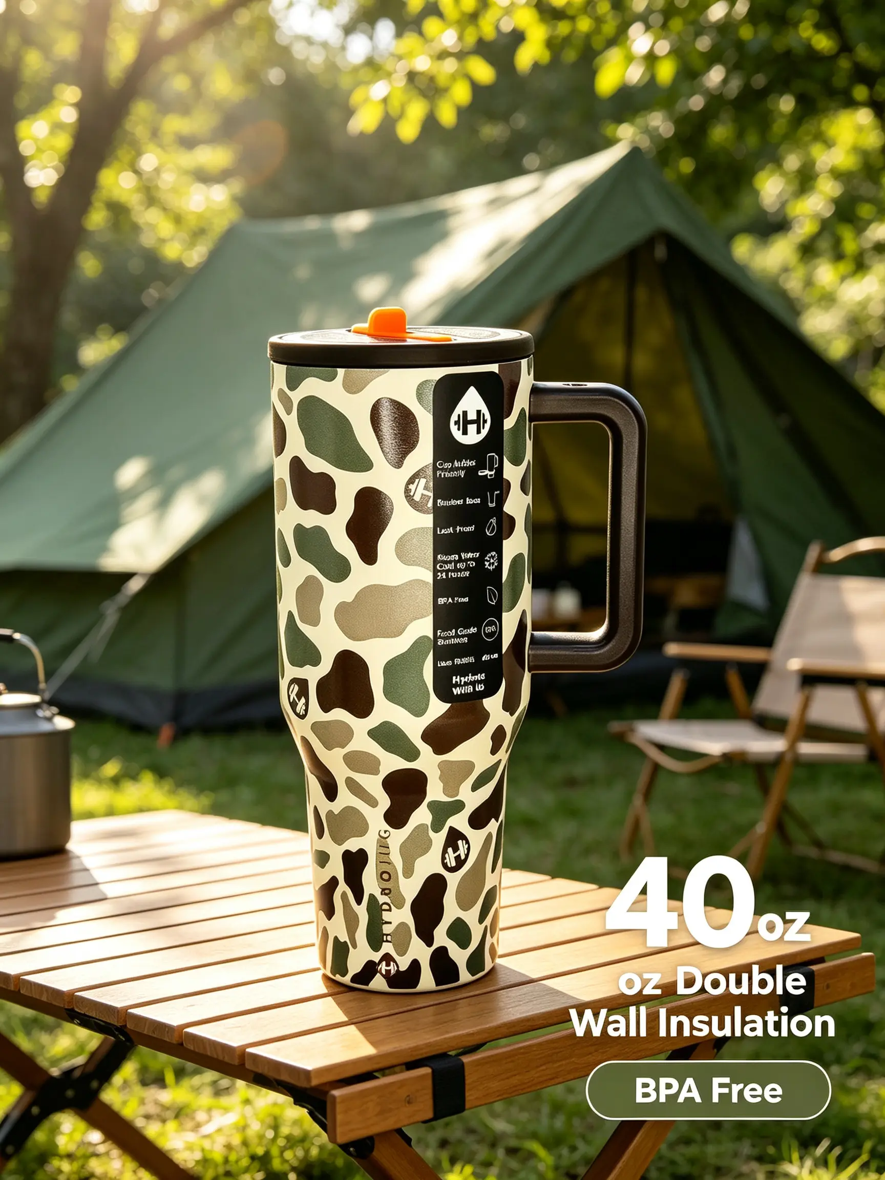 HydroJug 40oz Retro Earth-Tone Camo Cow Print Handled Insulated Stainless Steel Flask - BPA-Free, Leak-Resistant Straw Lid, Reusable Travel Drinkware for Outdoor Enthusiasts, All-Day Cold Retention for Camping, Flasks, Leak Resistant Tumbler, Insulated Tu
