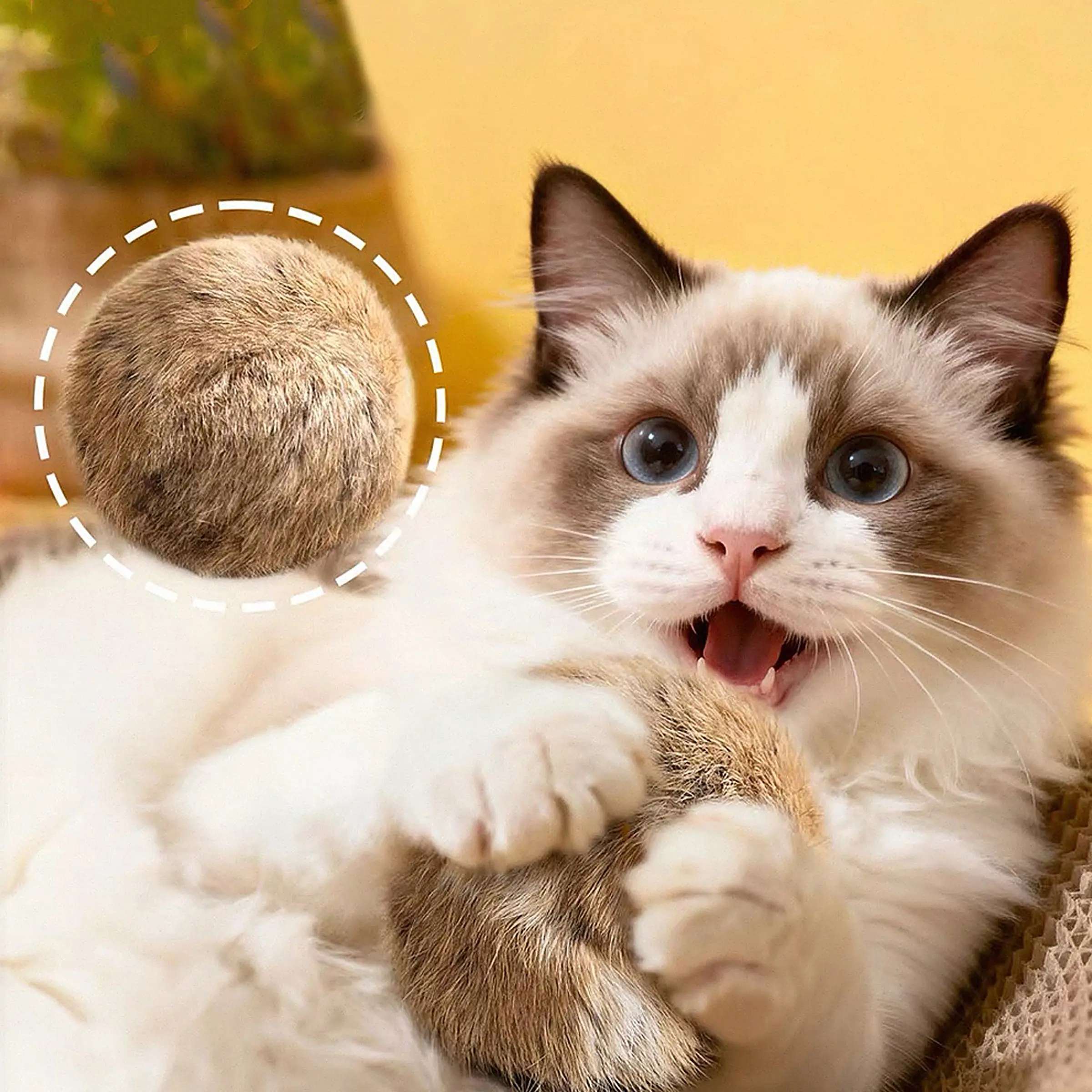 interactive toy, rabbit fur ball toy, stimulates the cat's hunting instincts, provides self-entertainment and expends energy, cat toy rabbit fur ball for playing with cats, self-entertaining plush toy, spherical silent pet toy.