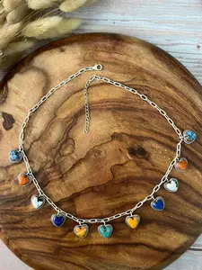 Handmade Sterling Silver Purple Copper with Bumblebee, Orange Mojave, Lapis, Kingman Turquoise and White Buffalo Heart Necklace "Signed Nizhoni"