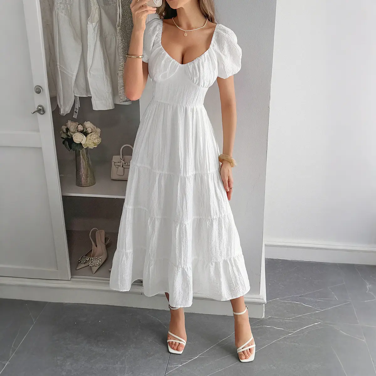 Casual Vacation Waist-Cinching A-Line Long Dress Women's Fashion 2025 Summer Womenswear Shortsleeve