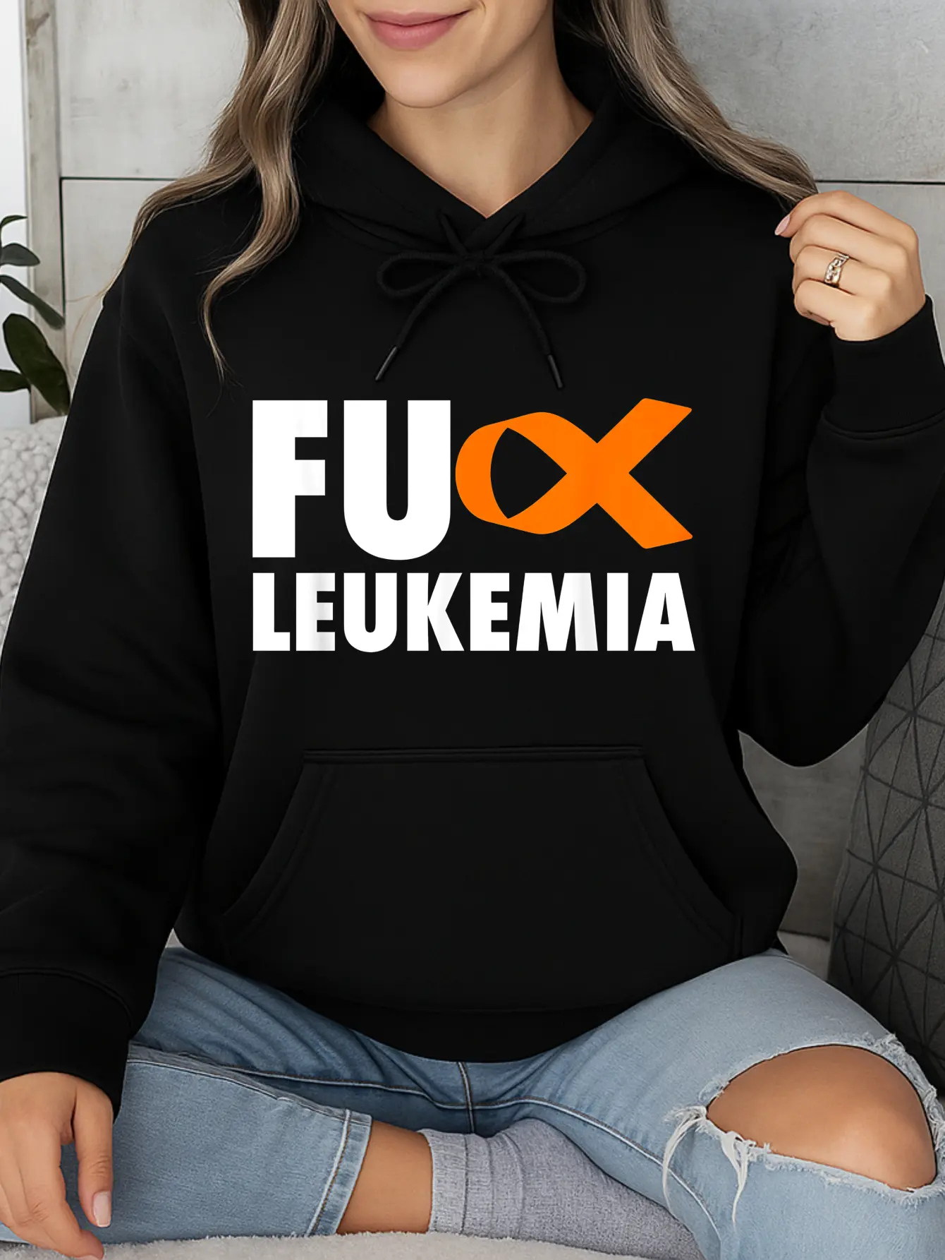 Women's Unisex Round Neck Graphic T-Shirt - F*ck Leukemia Awareness 100% Cotton Crew Neck Top, Casual Regular Fit, Inclusive Sizes, Breathable, Front/Back Print, Solid, Made in USA, Cold Wash