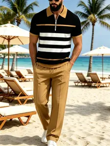 Father’s Day Gift – Black/Brown/White Colorblock Horizontal Stripes, 3D Digital Print Half-Zip Polo Set with Turn-Down Collar Short Sleeves + Khaki Casual Straight-Leg Pants, Four-Season Everyday Versatile Commuter & Vacation Men’s Two-Piece Set