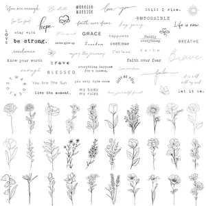 Realistic Temporary Tattoos - 60 Sheets Tiny Small Removable Tattoos, 30 Pcs Inspirational Quotes Words Tattoos, 30 Pcs Wild Flower Line Botanical Floral Leaf Tattoo Stickers for Women