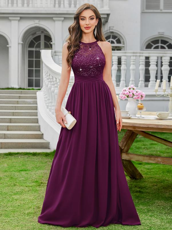 MIUSOL 24447A Women's Sequin Lace Sleeveless Halter Tie Back Ruched Waist Design Formal Evening Gowns Maxi Dress for Formal Event, Evening Party, Banquet, Festival, Quinceaneradress, Bridesmaid Dress