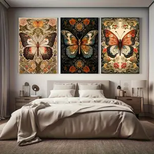 Vintage Butterfly Pattern Wooden Frame Canvas Painting, 3-Piece Modern Art Wall Decoration Set, Home Living Room Bedroom Office Decorative Painting