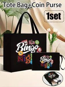 Bingo Women's Tote Bag, Fashionable Tote Bag And Wallet Set, Large Capacity Ladies' Bag, Fabric Structure, Lined, Casual Single Shoulder, Printed With Letter, Billiards, Numerical, Sports Lottery Patterns
