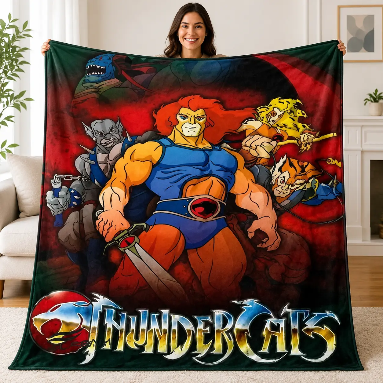 Thundercats Retro Cartoon Character Flannel Throw Blanket, 1980s Animated Hero Print Blanket for Game Room and Bedroom, Nostalgic Reading Chair Accent, Birthday Christmas Gift for Classic Animation Collectors