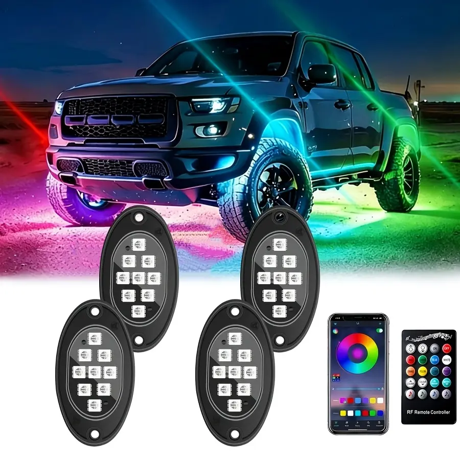 Rock Lights for Trucks, with APP/Remote Control & Music Mode, High Bright Multilcolor Waterproof IP68 Rock Neon Light Kits for Pickup Off Road Car underglow lights pod rock light rgb atv utv rzr suv auto gadget ambient decor