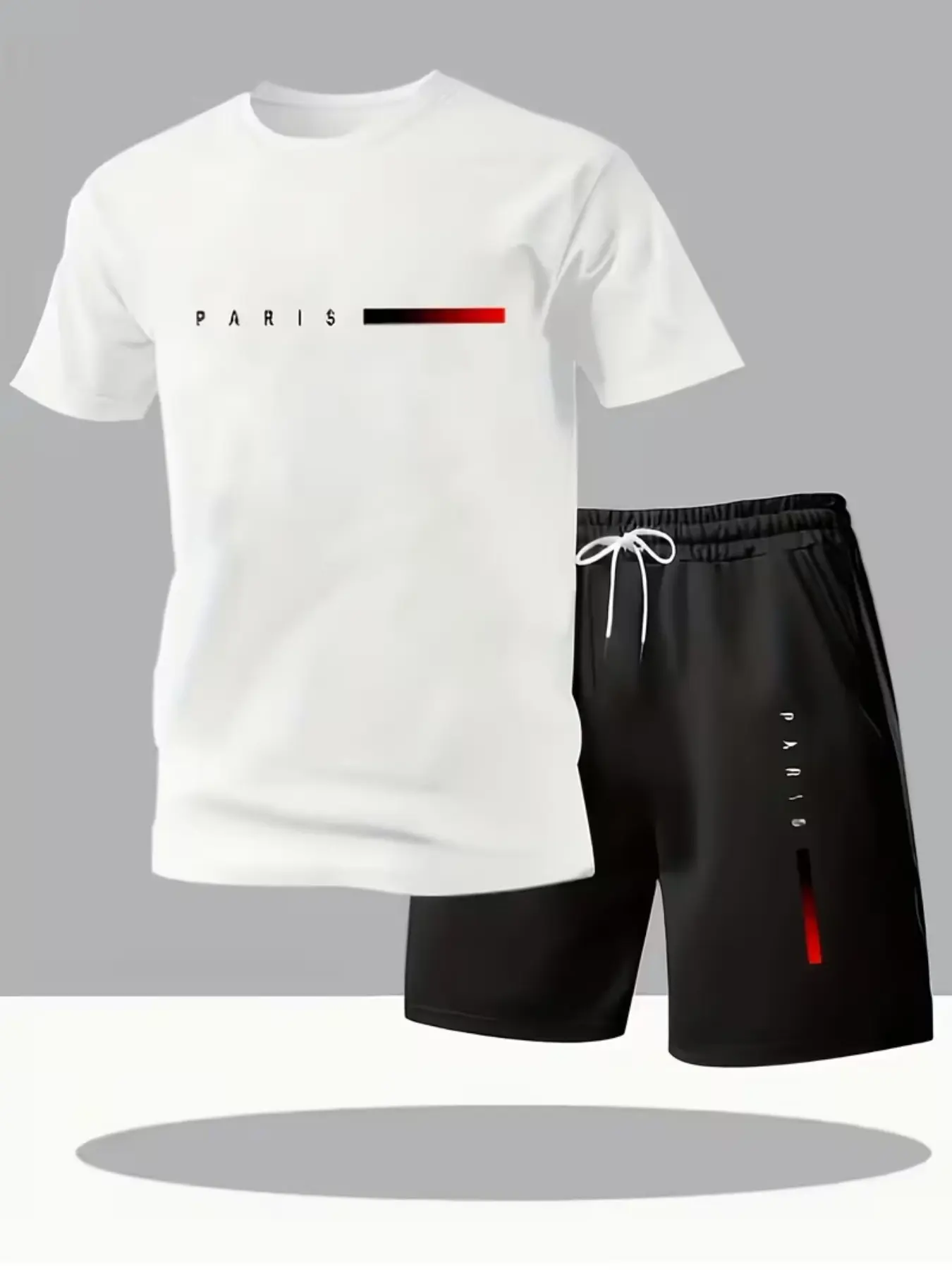 Men's Paris Letter Graphic Tee Set, Menswear, Loose Fit Round Neck Short Sleeve Top & Shorts, Two Piece Set, Summer Casual Wear, All-Over Print Design, Party, Matching Clothes