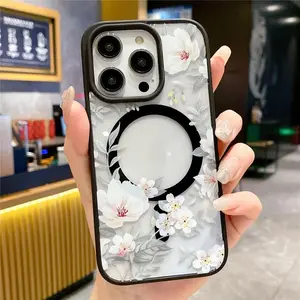 HYC For iPhone Series Fashion Flowers Floral Clear For Magsafe Magnetic Wireless Charging Case For iPhone 16 11 12 13 14 15 Pro Max Hard Bumper Cover