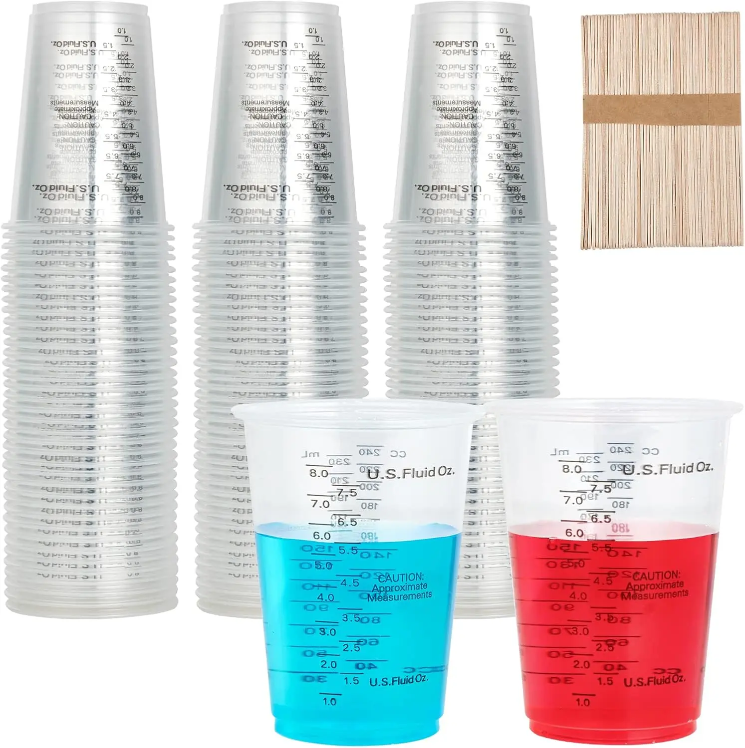 100 pcs 8oz transparent plastic measuring cup with scale, with wooden mixing rod, disposable mixing cup, suitable for epoxy resin, liquid measurement, DIY crafts, painting, experimentation, cooking and baking