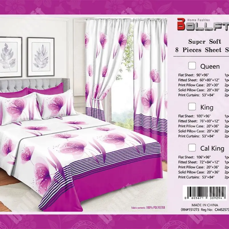 Bollift 8pc Queen Sheet Set Purple/White Floral 100% Polyester