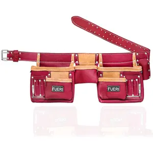 FUERI 11 Pockets Heavy Duty Construction Tool Belt Comes with 2 pouches with 2 hammer holders for Carpenter Organizer in Premium Split Leather for Efficient Tool Storage