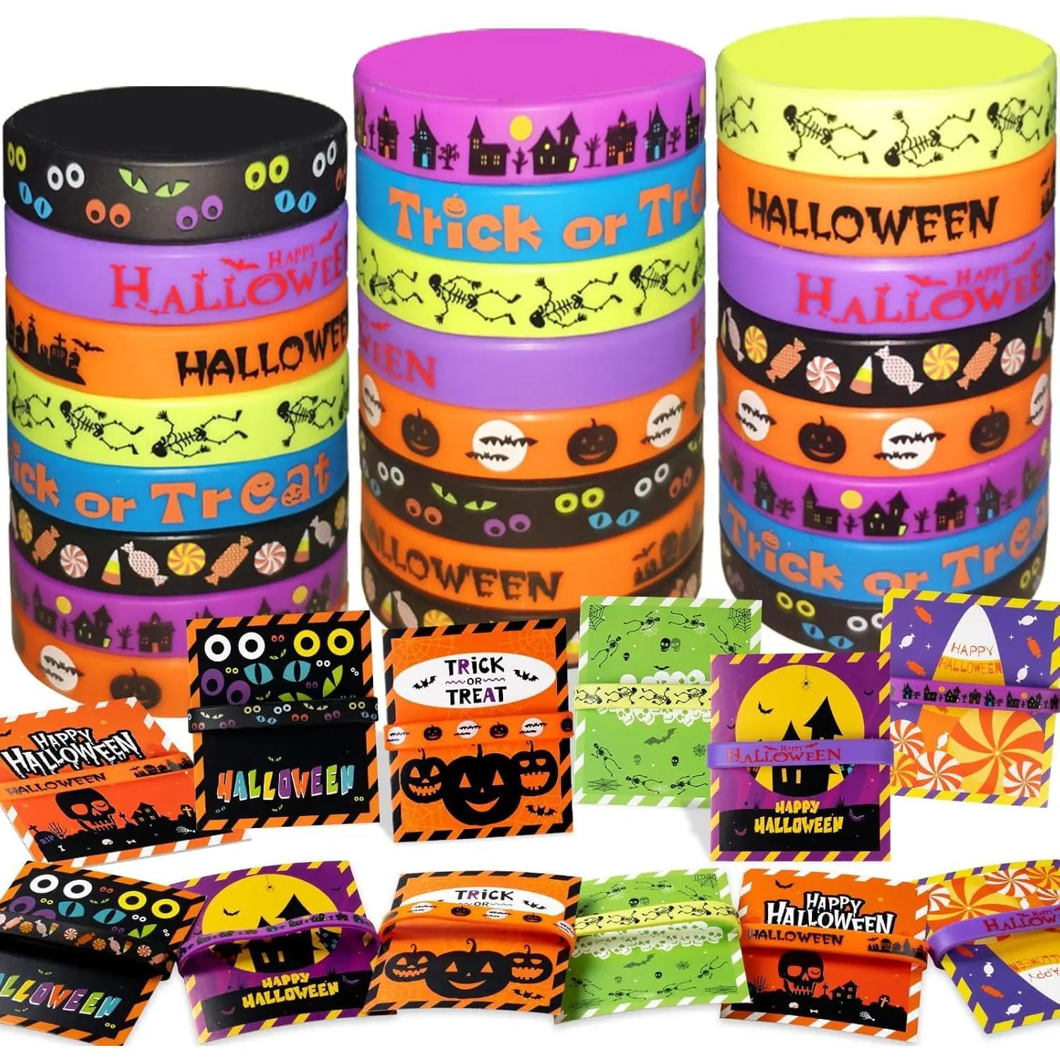 Z-PSD6 Unisex Kids Halloween Soft Rubber Bracelet Kit - 40pcs 2.5in Large Eye Silicone Wristbands & Cards, Pumpkin-Themed Trick or Treat Goodie Bag Fillers with Elasticity