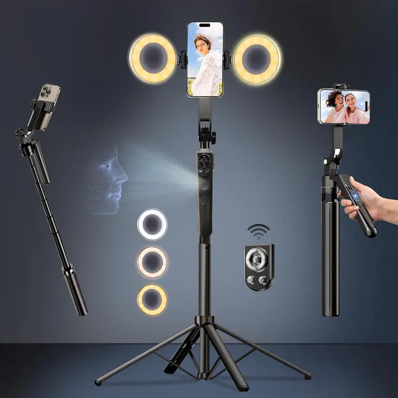 Auto Face Tracking Selfie Stick Tripod, 360° Rotatable Phone Tripod with Fill Light, Smart Shooting Camera Mount with Remote Control for Live Streaming, Tripod Stabilizer, Selfie Accessory