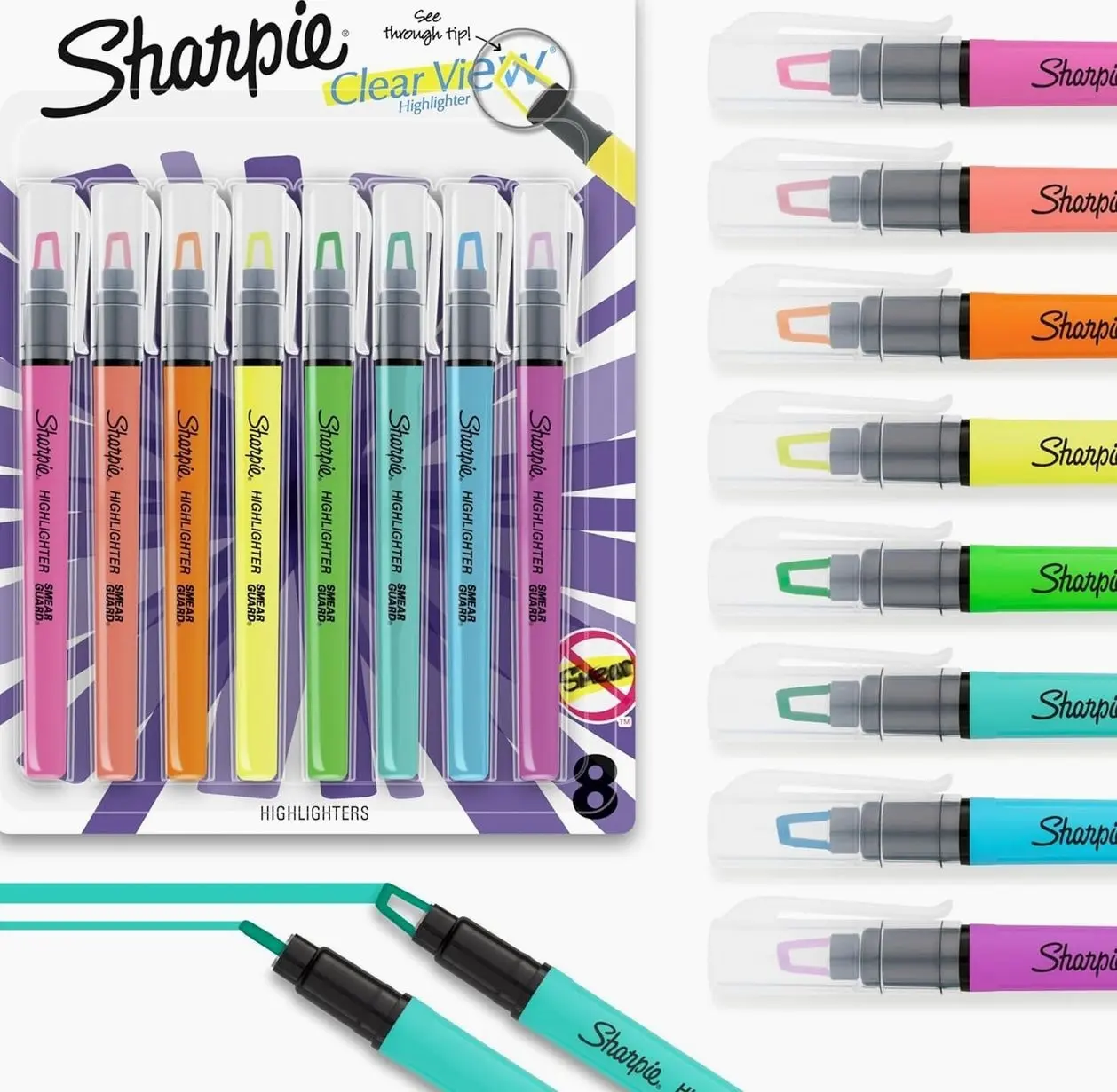 Sharpie Clear View Highlighter Sticks, Chisel Tip Highlighter Market Set, Essential School & Teacher Supplies, Smear Resistant, Assorted Color Highlighters, 8-Pack