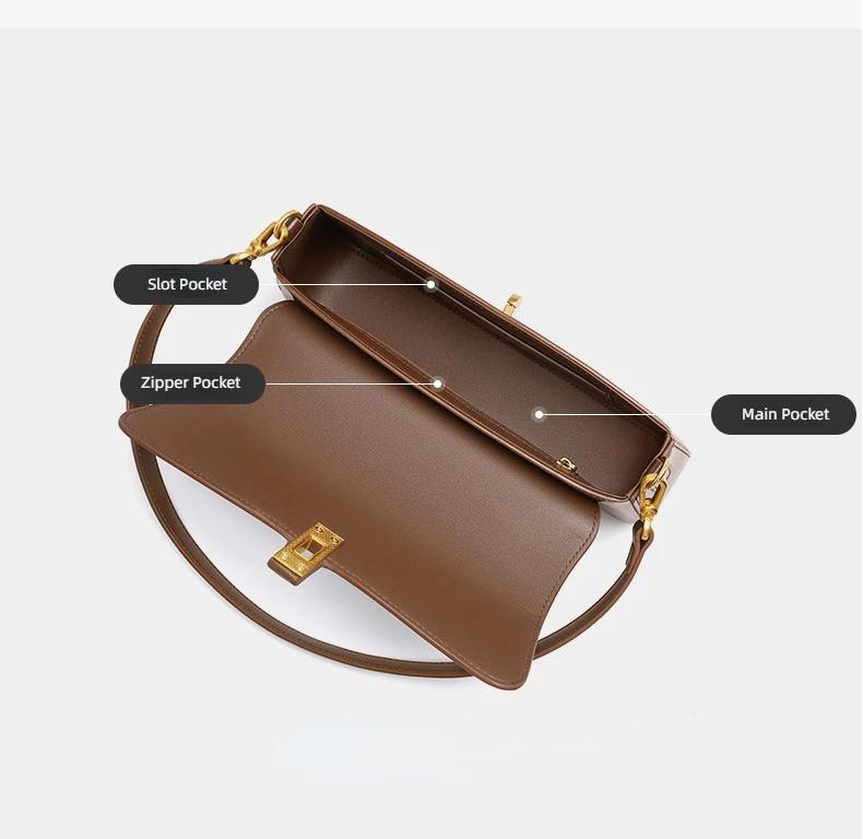 Minimalist Brown Leather Baguette Bag for Women Retro Underarm Shoulder Purse with Gold Lock