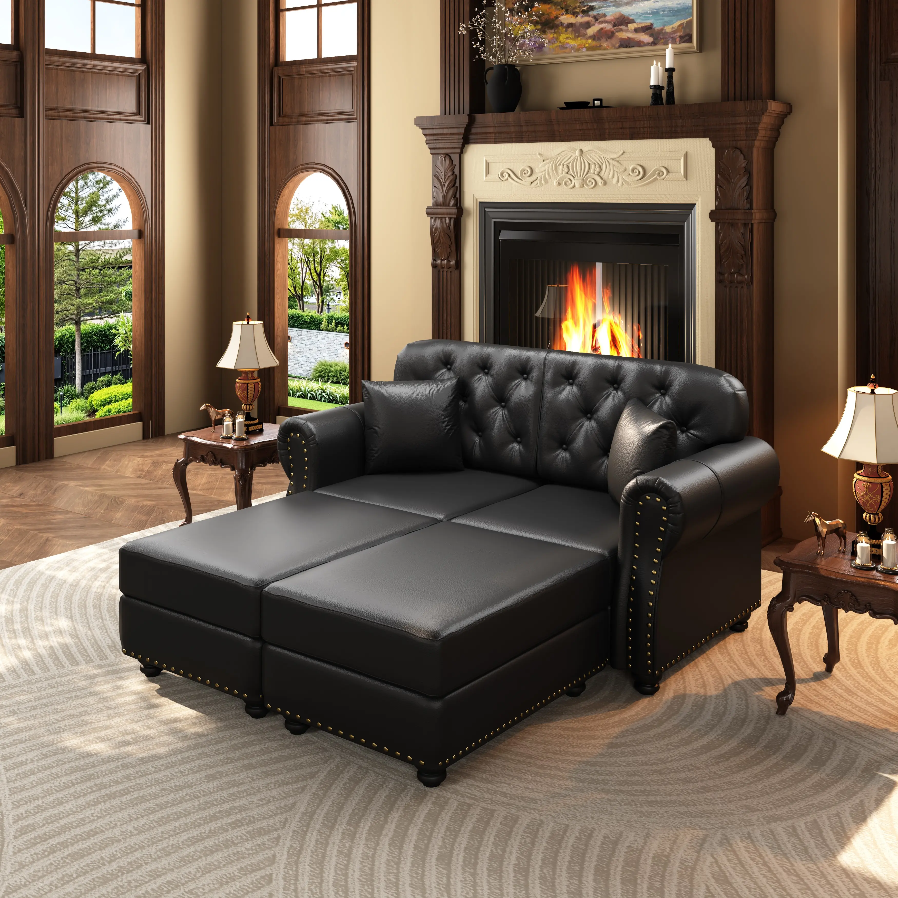 Eyisean 63in Faux Leather Luxury Chesterfield 2-Seat Loveseat - Midcentury Modern, Sponge Cushioned, Button Tufted, Rolled Armrests, Nailhead Trim, 2 Ottomans, Convertible Sofa Bed for Home Office (33.8in, 41.3”x29.9”x33.8” Spec), Two Seats