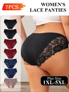 7-pack in assorted colors! Plus-Size Lace High-Waisted Briefs (1XL-5XL) - Sexy floral lace, pure cotton crotch, antibacterial and breathable, no-squeeze waist or hips, plus-size friendly, everyday underwear, comfortable and slimming