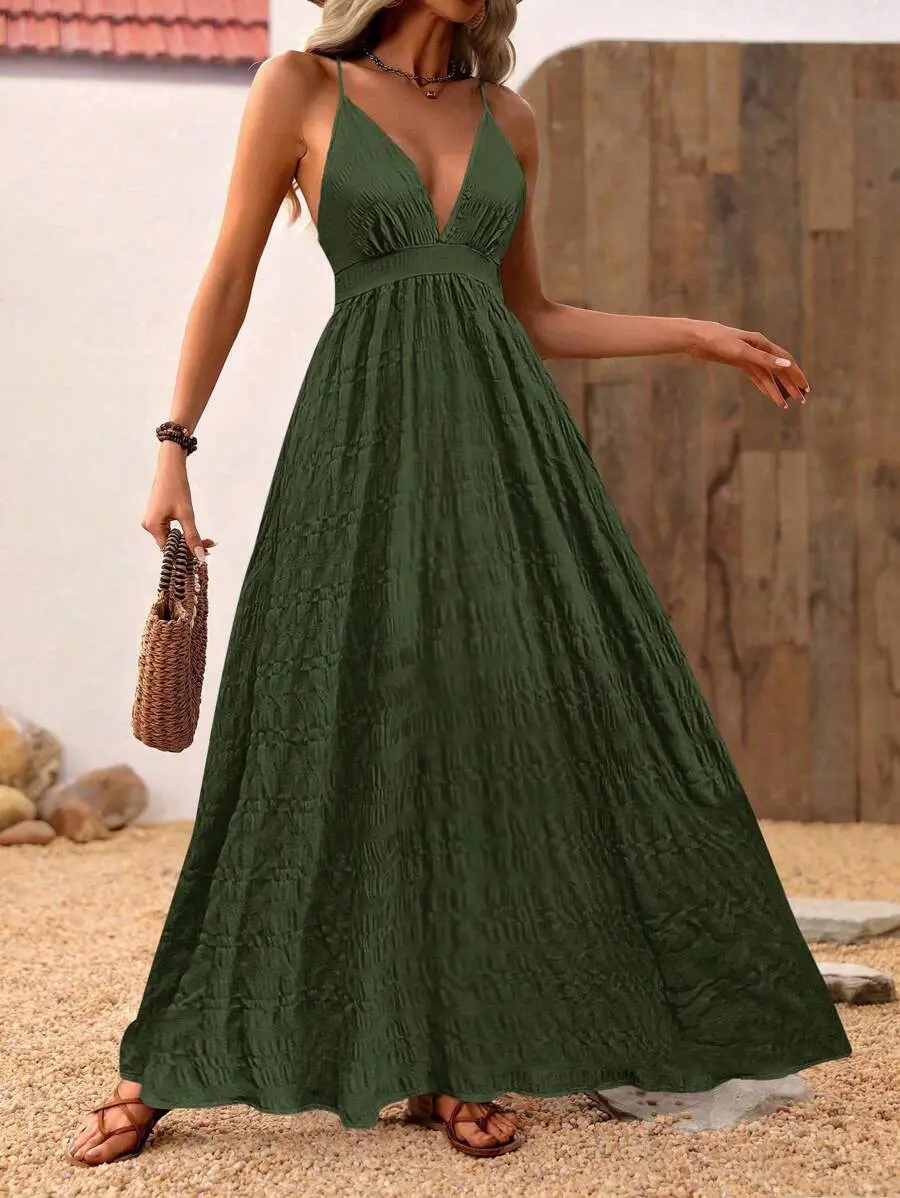 green maxi dress boho Leaf Green Crinkled Cotton Flax Boho Maxi Button-Down Shirt Dress 34