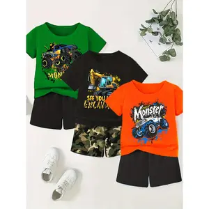 [6pcs Boy's Graphic Set] 3sets/6pcs Boy's Graphic Short Sleeve T-shirt + Shorts Co-ord Set |         Casual Comfy Clothing |         Truck + Excavator + Car, Ideal Daily And Outdoor Wear As Gift