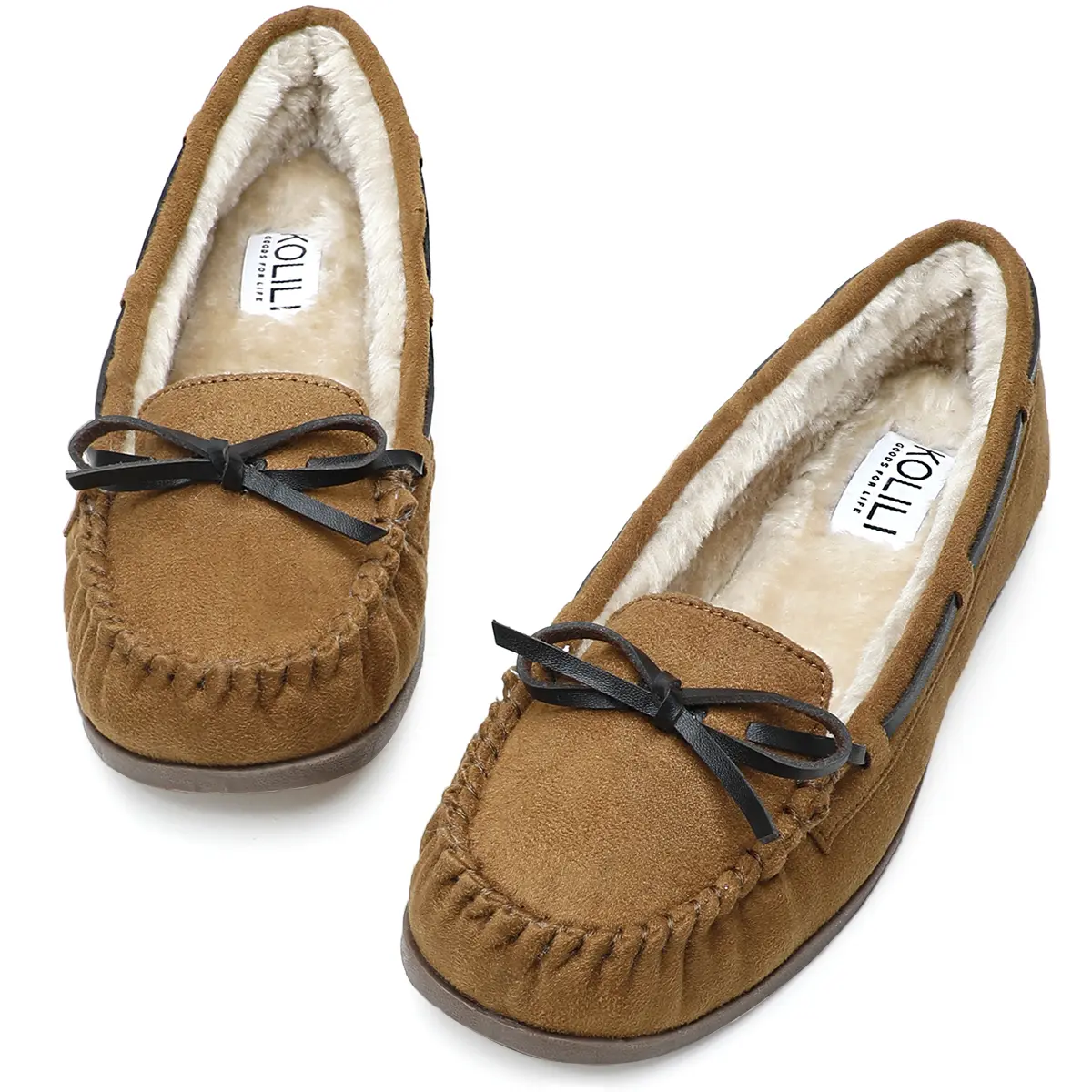 KOLILI Women's Moccasins Comfortable Soft Indoor Cotton Shoes, Non-slip Rubber Soles Outdoor Warm Versatile Home Shoes Cognac Footwear