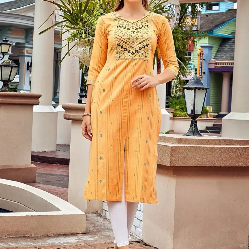 Yellow Cotton Kurta with Embroidery Work for Women's Summer Casual Wear Comfortable