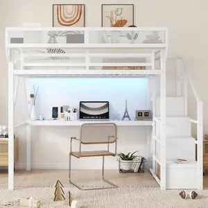 Full size Loft Bed Frame with Desk and RGB Light, Metal Loft Bed Frame with Stairs and Bedside Shelf, Heavy-Duty Lofts Beds with Storage Shelves and Wardrobe for Bedroom, White