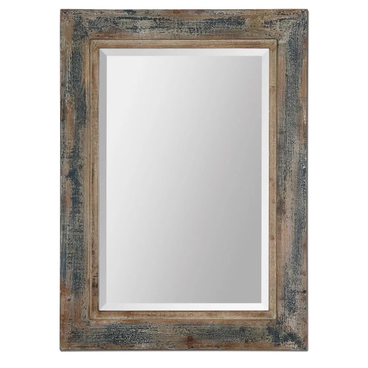 212 MAIN Rectangle Wooden Wall Mirror - Distressed Blue, Beveled Edge, Rustic Design, 28x38 in Rustic Farmhouse Home Decor Accessory, Rustic Farmhouse Decor