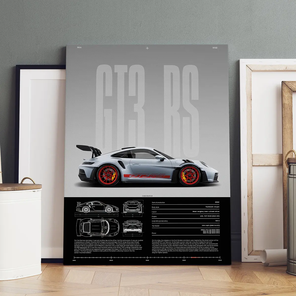 1 Count Wooden Framed Canvas, Porsche 911 GT3 RS Model Appreciation Poster, Modern Art, Aesthetic Wall Decor, Home Decor, Ideal Gift, High Definition, Waterproof, Wooden Wall Art, Decoration Items