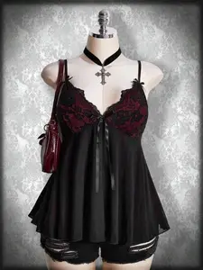 PRINTABOLD Plus Size Women Floral Lace Patchwork Bow Decor Fashion Camisole Plus Size Goth Gothic Women Clothes Gothic Top Black Babydoll Top Gothic Summer Clothes