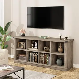 Gaomon 8-Cube Wooden Book Shelf, Farmhouse 62-Inch Horizontal Storage Organizer, Low Long Wood Bookcase for Entryway, Living Room, Grey