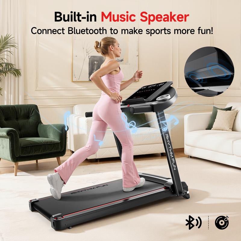 RHYTHM FUN 8 MPH Foldable Treadmill with Incline 300 lbs Capacity Running Machine 12 Pre-Installed Programs LED Display & App Control Multifunctional Walking Pad Multifunctional Workout Station  Home Fitness Equipment exercise equipment