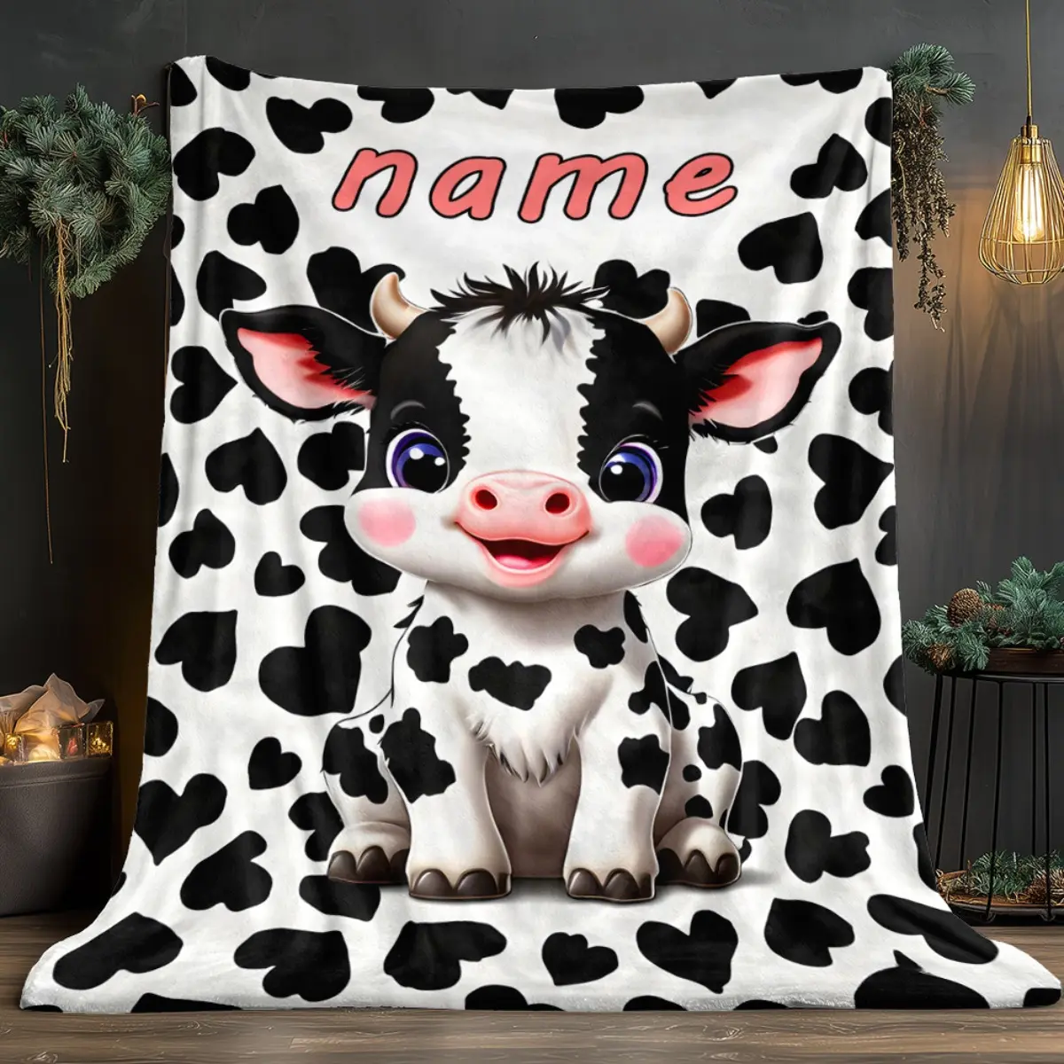 Custom Name Cute Cow Print Animals Blanket - 1pc, 280gsm Soft Digital Print Fabric, Lightweight Home Bedding for Sofas, Travel, Soft Fabric