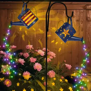Solar Watering Can Lights Set of 2 with Flag Pattern for Outdoor Decor Garden Solar Light 8 Multi-Color Changing Modes Integrated Light Sensor Auto Brightness Adjustment