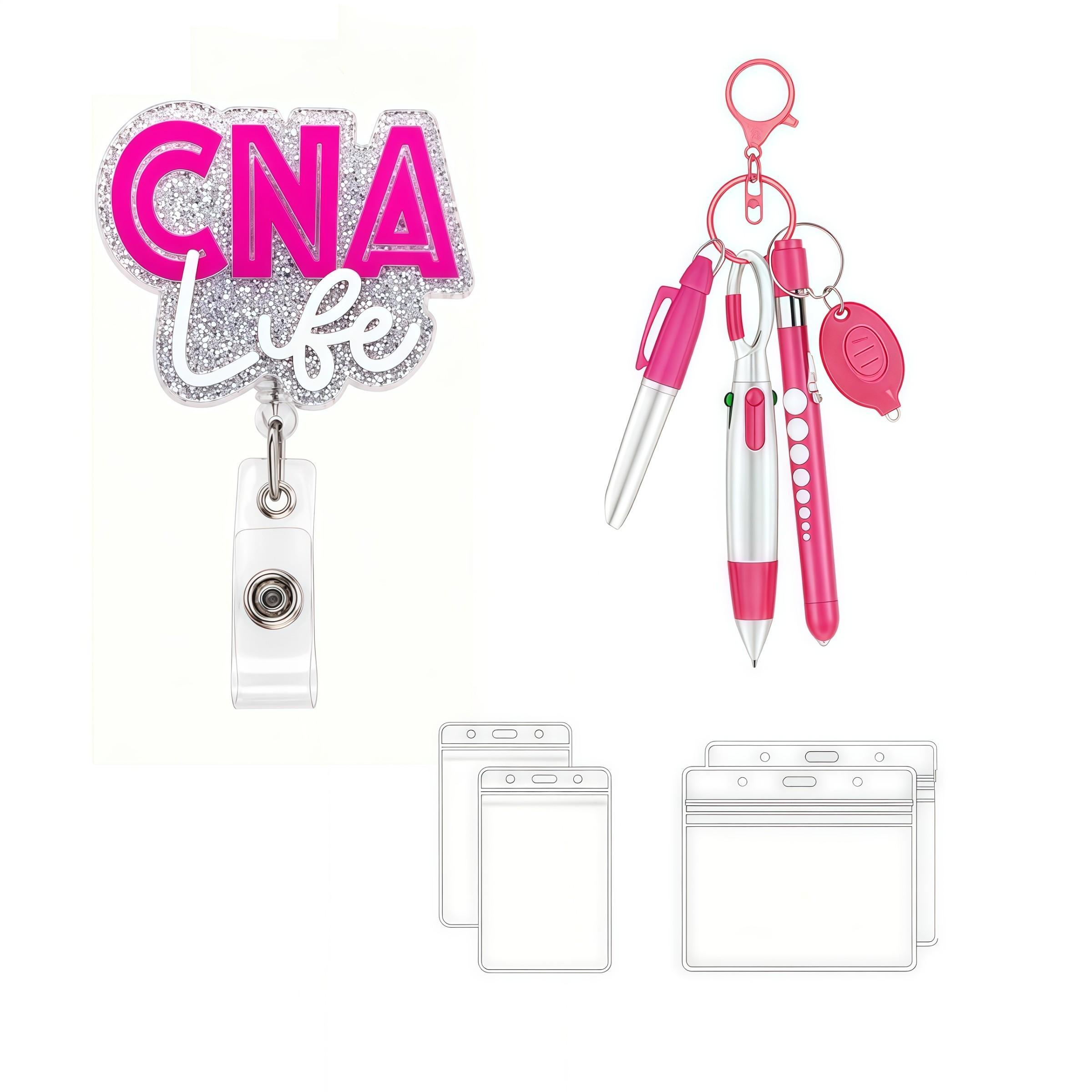 CNALife Glitter Badge Reel Set – retractable ID badge clip with nurse pen set, transparent waterproof card holder, certification nursing assistant work accessory gift for healthcare professionals