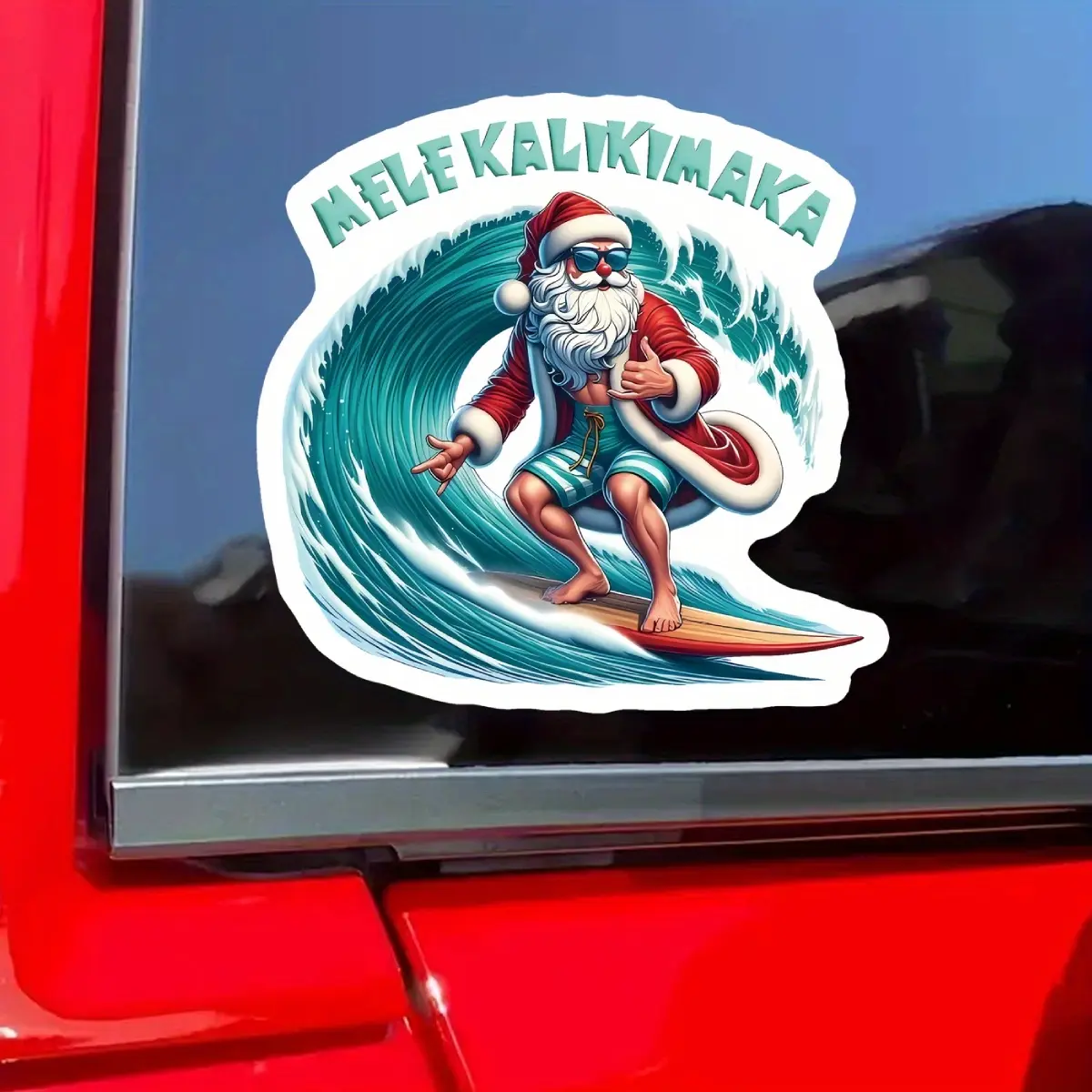 1pcs Tropical Christmas Santa Surf Decal Sticker - Mele Kalikimaka Waterproof Vinyl for Cars, Laptops, Motorcycles, Water Bottles, and Notebooks, Vibrant Festive Design with Surfboard and Waves