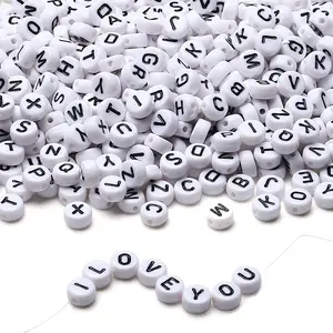 Letter Bead Charms – 1200 pcs Flat Round White Beads with Black Letters