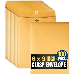 Brown Envelopes 6x9, Manilla Envelopes with Clasp, Gummed Flaps, 100/Box