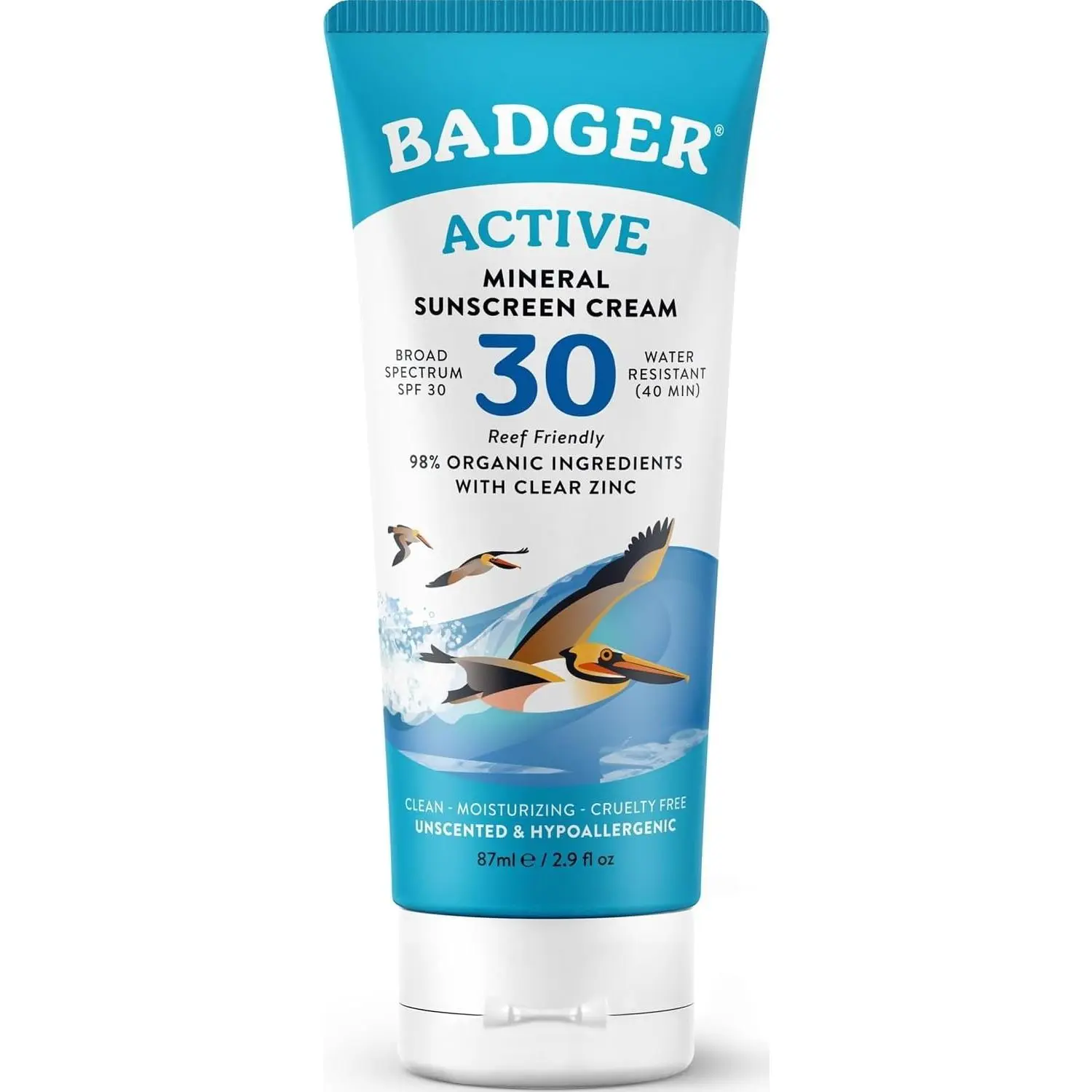 Badger Mineral Sunscreen Cream SPF 30, Reef Safe, Travel Size, 2.9 fl oz | Zinc Oxide, 98% Organic, Reef Safe, Water Resistant, Face and Body, Unscented, Travel size sunscreen, Reef safe sun care