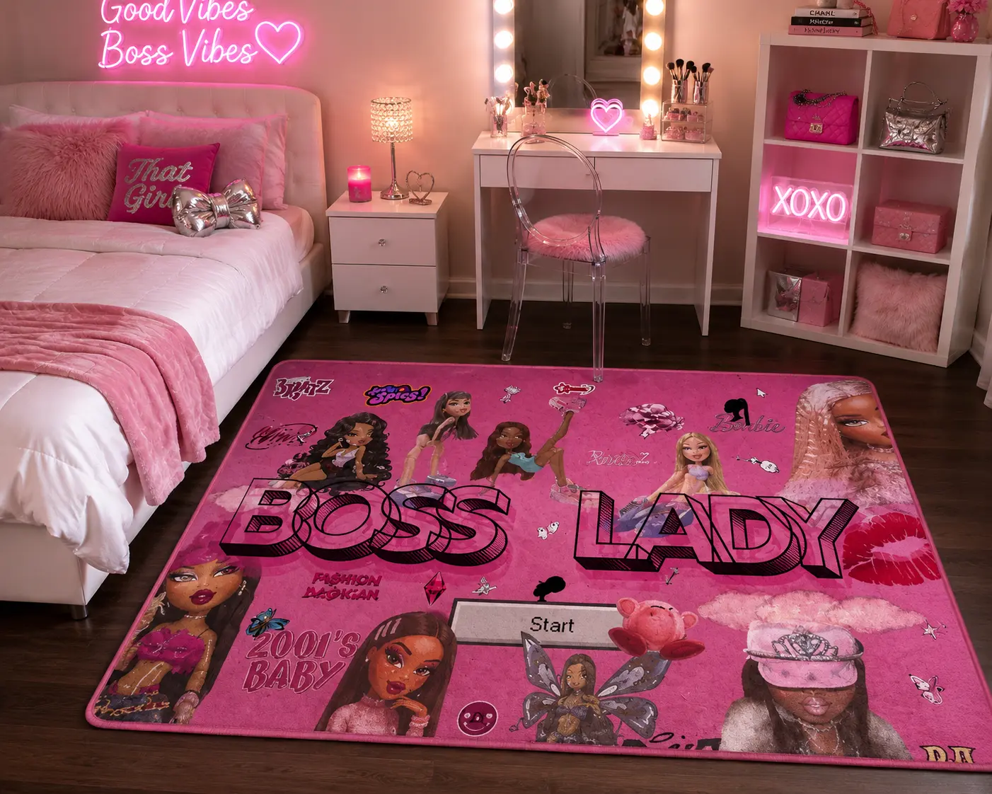 Boss Lady rug | Pink collage Barbie-inspired decor, Bratz style floor mat