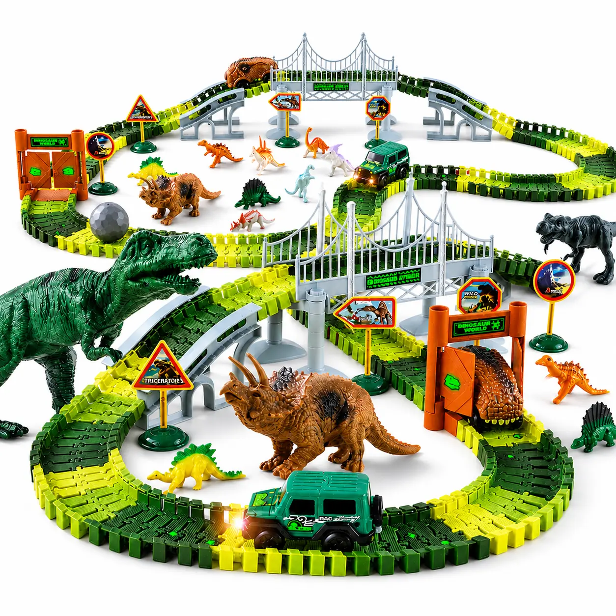 215 PCS Dinosaur Track Set for Kids, Flexible Dino Race Track Toy with Dinosaur Figures, Track Car, Gates, Trees & Adventure Accessories, Jurassic Playset Gift for Boys Girls