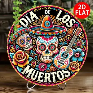 [2D Flat] 1pc 2D Flat Round Iron Decorative Sign, Dia de los Muertos Theme, "Dia de los Muertos", Iron 20*20cm(8*8inch), Perfect for Home, Mexican Themed Restaurant, Art Studio, Home Entertainment Room, Party Decoration, Day of the Dead Gift Metal