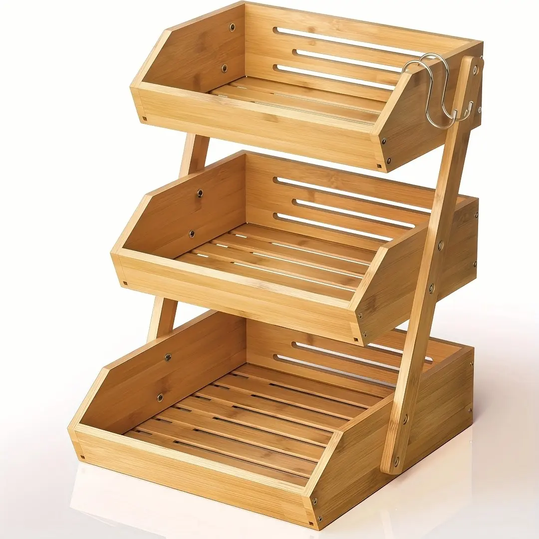 3/2-Tier Wooden Fruit Basket Stand - Large Capacity Kitchen Organizer with Open Slat Design for Vegetables, Bread & Produce| Multi-Level Countertop Storage Shelf - Easy Assembly & Natural Wood Finish
