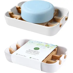 2 Pack/Set Removable Environmentally-Friendly Bamboo Bar Soap Dishes Holder for Bathroom Sink, White